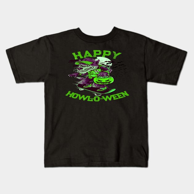 Happy Howl-o-ween Wolf Riding on Skateboard Kids T-Shirt by Cheri Carlisa Designs